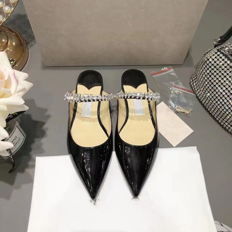 2023Jc Pointed One Line With Shallow Mouthed Baotou Semi Trailer Flat Shoes, Women's Patent Leather Inlaid Diamond Chain_voghion.com