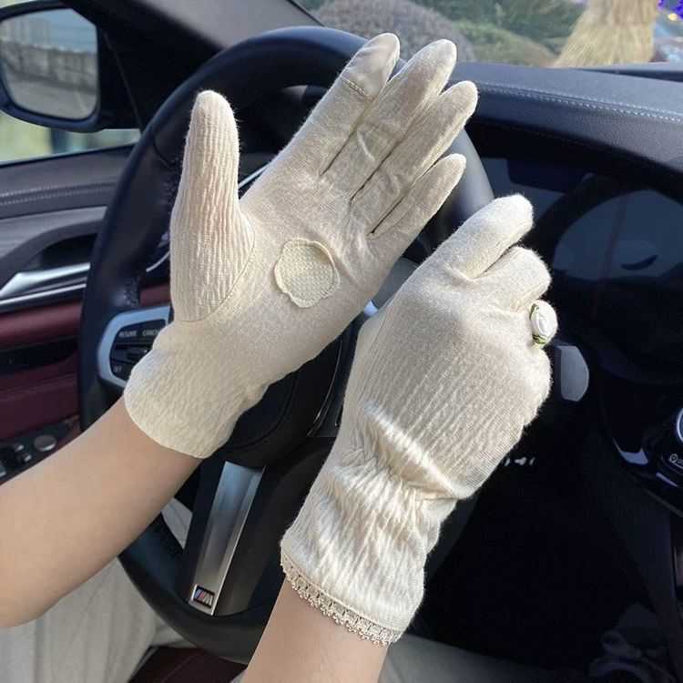 Cienkie damskie rękawiczki przeciwsłoneczne Fresh Style, do ekranów dotykowych, do jazdy samochodem latem, antypoślizgowe, z ochroną UV, z bawełny marszczonej._voghion.com