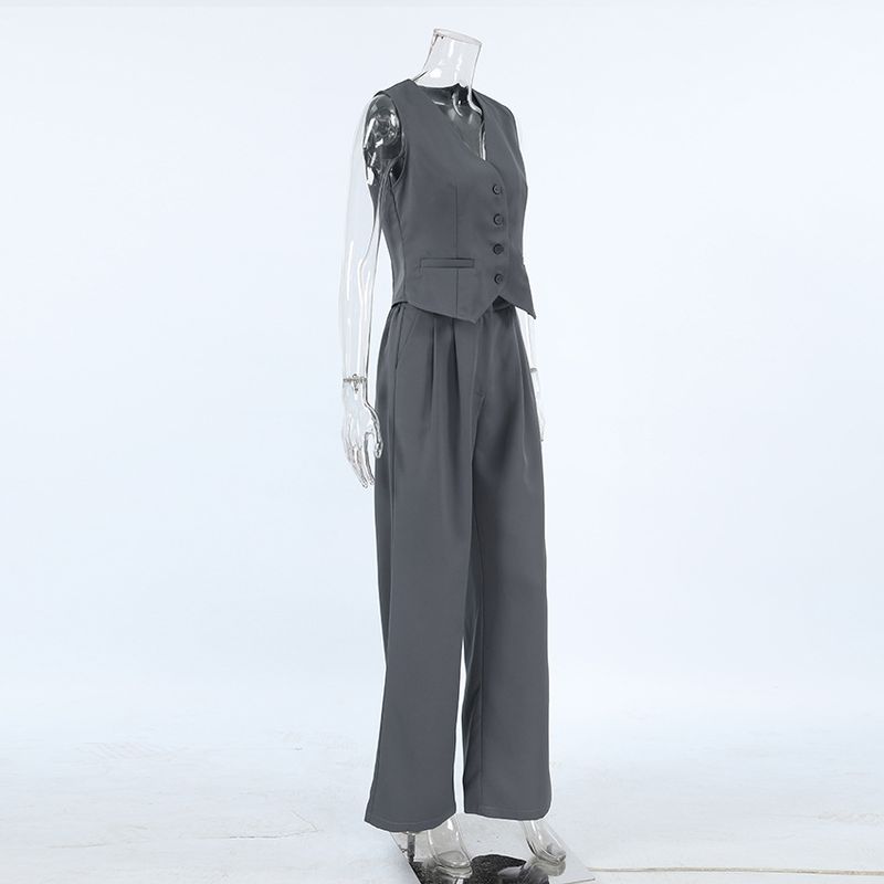 Women's Clothing high-grade gray sleeveless vest trousers two-piece suit_voghion.com