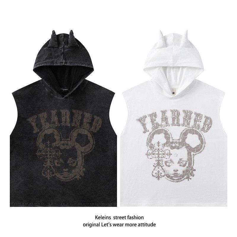 Gilet con cappuccio indossato stampato hiphop americano High Street per uomo e donna, maglietta casual senza maniche piccola e ampia cinese-chic_voghion.com