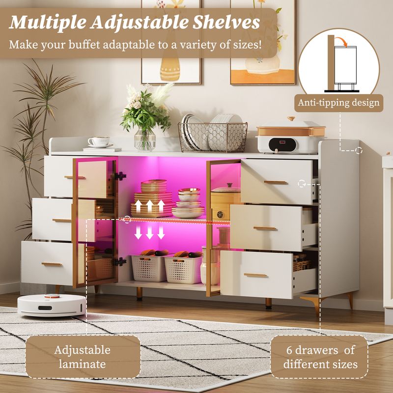 Küchenschrank Weiß 160x87cm, 6 Schubladen, Glastüren, LED-Beleuchtung, Goldgriffe_voghion.com