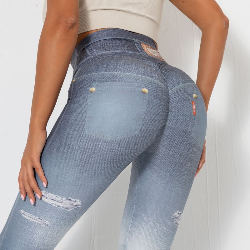 Women's Clothing digital printed denim blue tight-fitting high-elastic quick-drying yoga pants sports running tight fitness pants for women_voghion.com