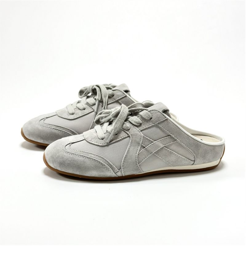 Trainingspantoffeln im koreanischen Stil für Damen, flache Halbschuhe aus weichem Leder mit Farbblockdesign und geschlossener Zehenpartie für den Sommer im Freien,_voghion.com