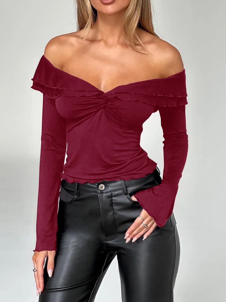 Top in maglia a maniche lunghe con una spalla per donna, in misto viscosa morbida ed elasticizzata, elegante camicetta con spalle scoperte e maniche arricciate, abbigliamento casual da ufficio S/M/_voghion.com