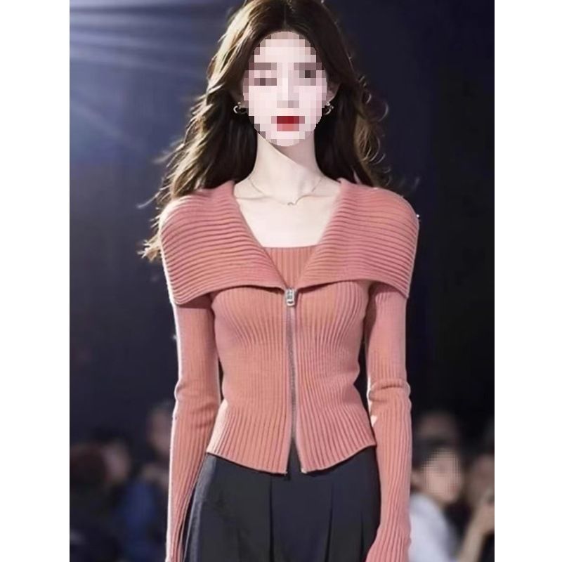 Französischer süßer Reißverschluss-Revers-Kurzstrick für Damen im Frühherbst 2024, Slim Fit und Abnehmen, langärmeliger Basispullover_voghion.com