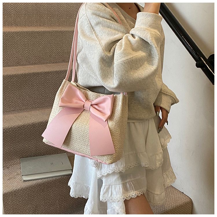 Borsa a secchiello con fiocco, semplice e alla moda, in stile coreano, per donna, primavera estate 2025, nuova borsa a mano intrecciata, da ascella, a tracolla_voghion.com