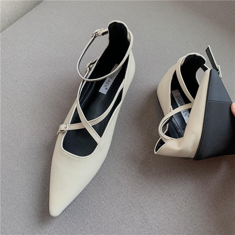 2024 nieuwe kleine dikke kruispuntige lage hak ondiepe mond gespband enkele schoen lente Franse damesschoenen_voghion.com
