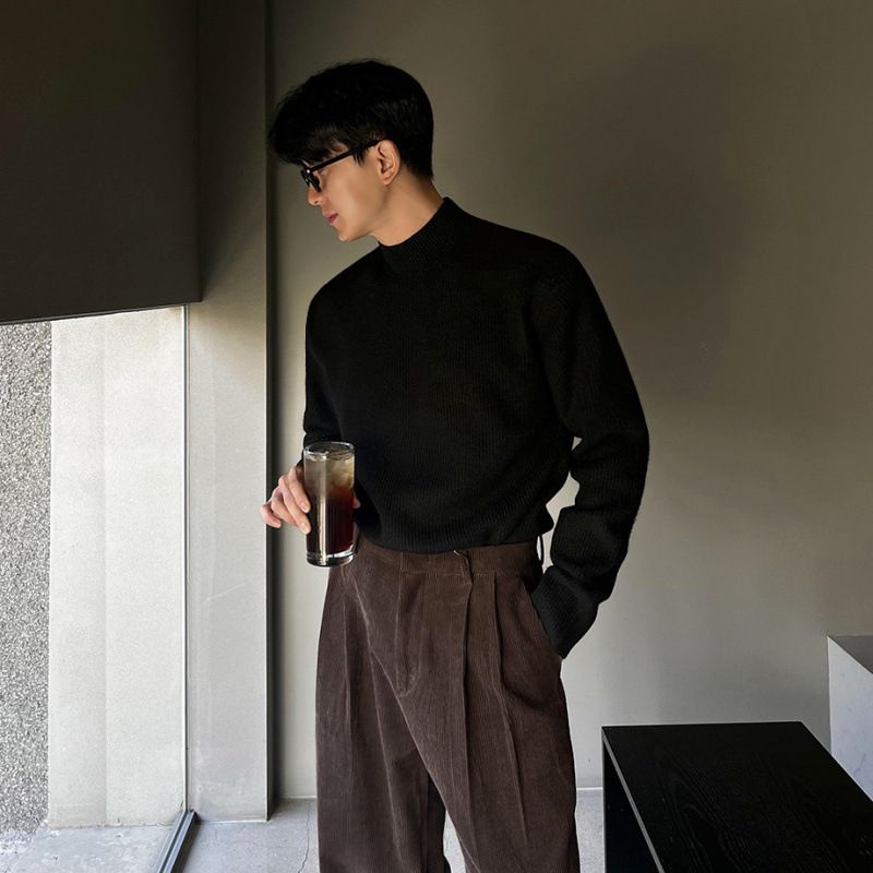 MYQ Halber Rollkragenpullover Herren Winter Warmes Basishemd Koreanischer Stil Trendy Einfacher Lässiger Strickpullover_voghion.com