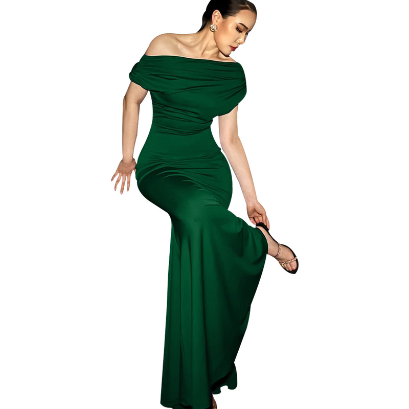 Rochie sexy pentru femei, cu mânecă scurtă, ușor șifonată, cu umeri oblici în față_voghion.com