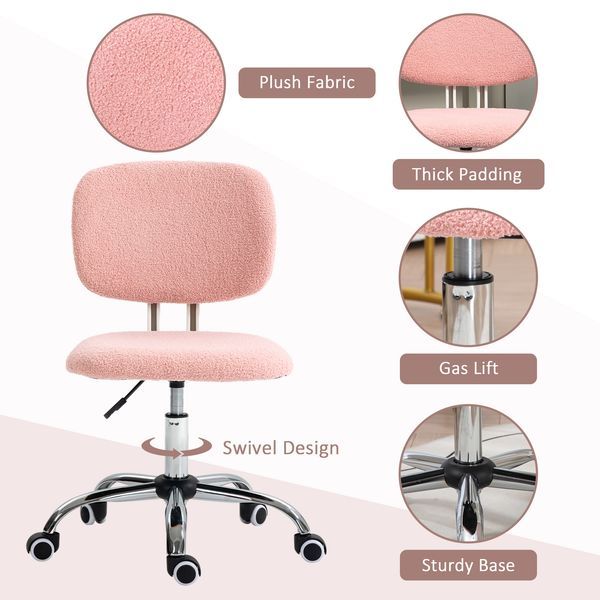 Cute Armless Office Chair, Teddy Fleece Fabric Computer Desk Chair, Vanity Task Chair With Adjustable Height, Swivel Wheels, Mid Back, Pink_voghion.com