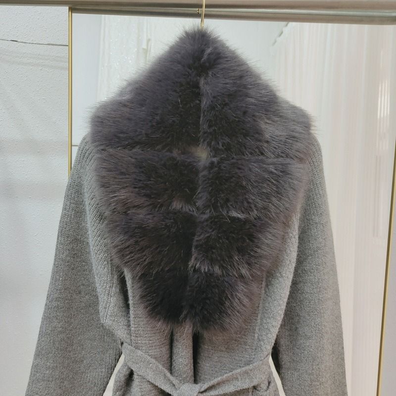 Damenbekleidung: Luxuriöse Strickjacke für Damen mit Kragen aus Kunstfuchspelz – weicher und warmer Pullovermantel mit offener Vorderseite für elegante Freizeitkleidung (Grau, Schwarz)_voghion.com