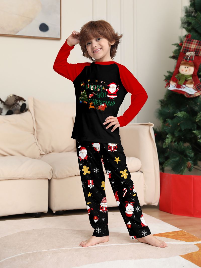 Weihnachtspyjamas für Eltern und Kinder, passender Weihnachtspyjama-Satz für die ganze Familie, Weihnachtsmann-Print, schwarze Nachtwäsche für Eltern und Kinder_voghion.com