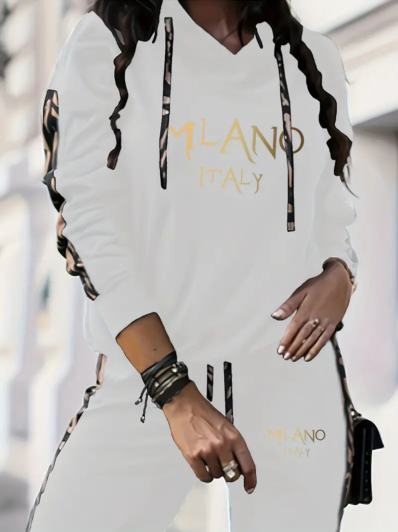 Conjunto de moletom com capuz feminino solto – Conjunto de moletom casual com estampa de letras (preto/branco, P-XXL, outono/inverno)_voghion.com