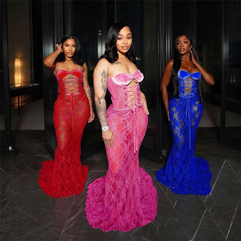 Abito aderente invernale sexy in pizzo senza spalline - Abito lungo senza maniche con fasciatura, rete trasparente e vita alta (rosso, S/M/L)_voghion.com