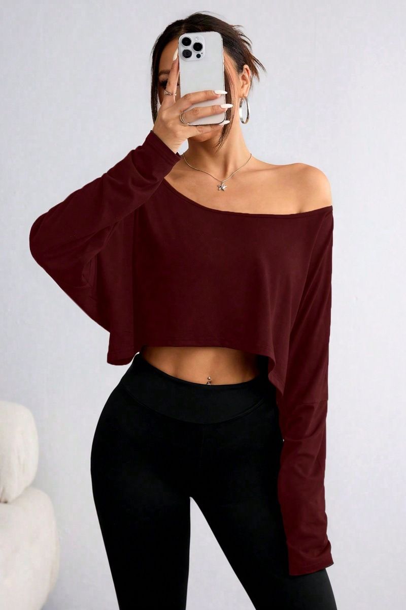 T-shirt à manches longues et col ample pour femme, style décontracté, avec nombril exposé_voghion.com