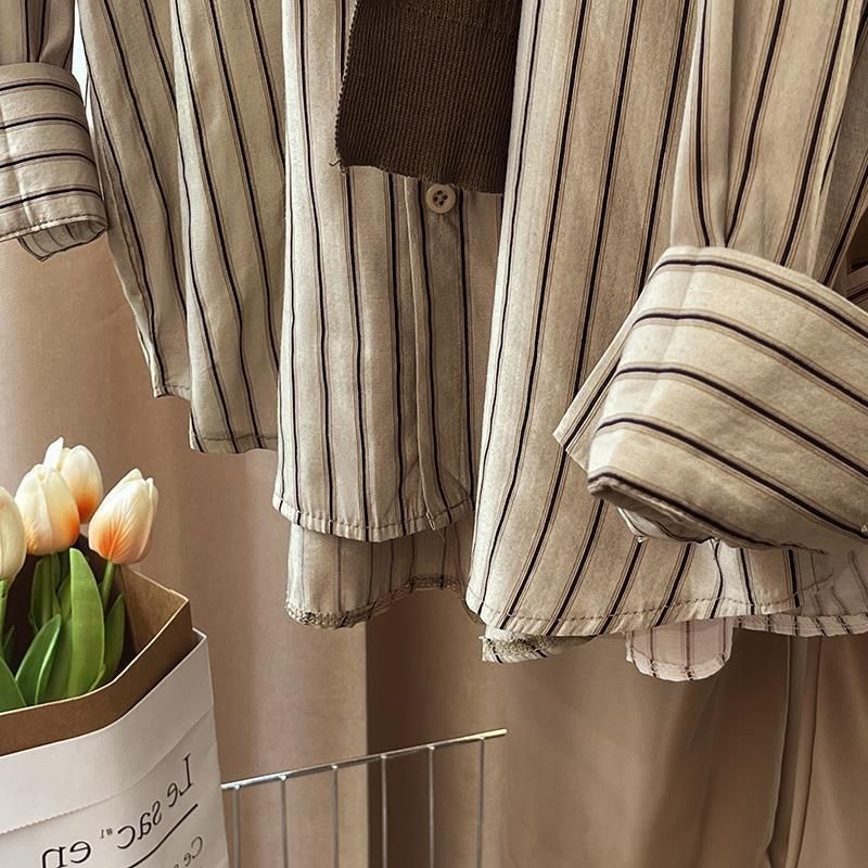 Women’s Clothing Early Autumn Shawl Two Piece Striped Shirt For Women Spring And Autumn Design Niche Lazy Style French Long Sleeved Top Shirt_voghion.com