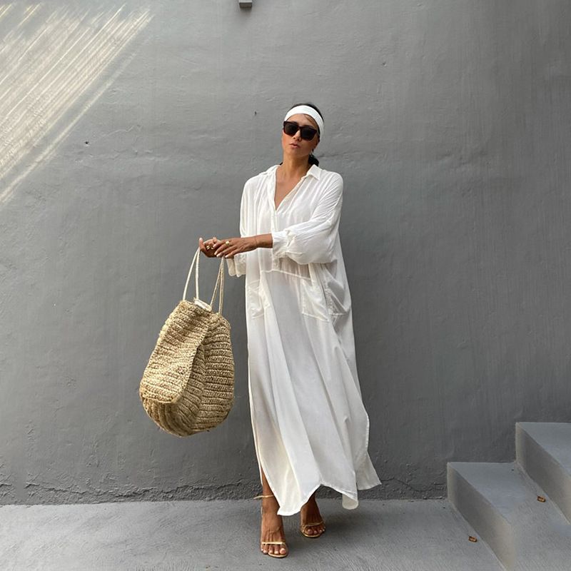 Vestido leve de algodão para praia, piscina e passeios de verão – caimento solto com bolsos, capa de biquíni, proteção solar – tamanho único_voghion.com