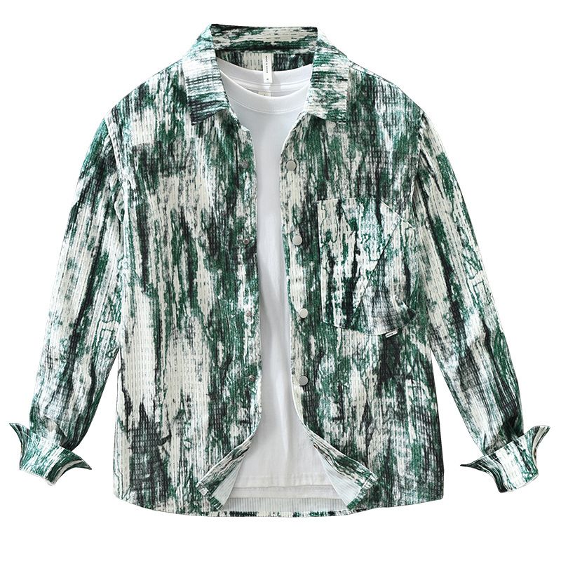 Camicia a maniche lunghe con bottoni scuri e effetto tie-dye per uomo, alla moda e versatile, top casual e ampio._voghion.com