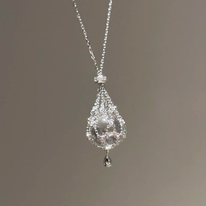 Sterling Silver Net Pocket Design Necklace With AAA White Crystal - Adjustable Chain, Fashionable Light Luxury Style For Sweater Matching_voghion.com