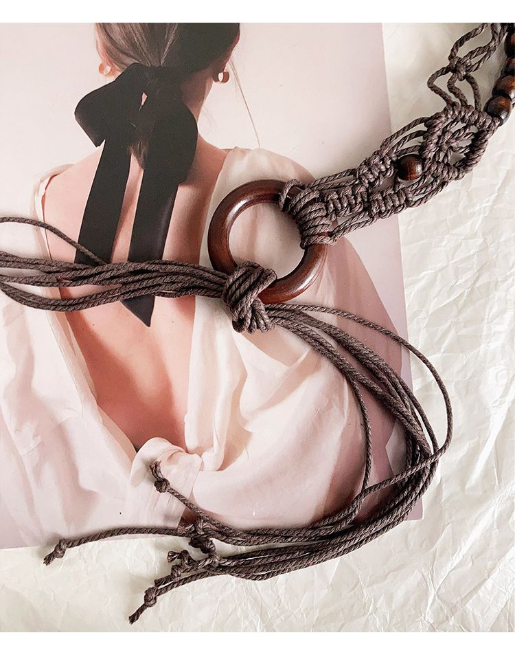 Gewebter Gürtel aus gewachster Kordel mit Holzschnalle, neuem, verlängertem Quasten- und Perlengürtel, Nischendesign mit Rockbesatz_voghion.com