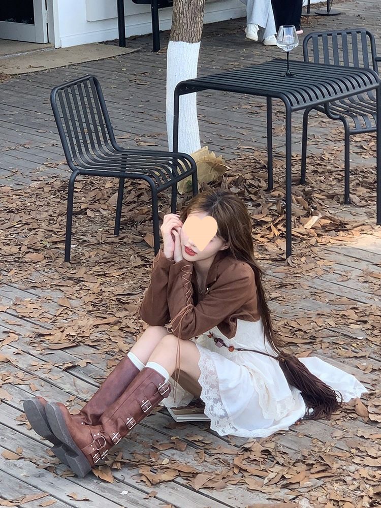 Vintage Autumn Winter Melad Design Lace-up Short Jacket Waist-cinching Irregular Dress Set_voghion.com