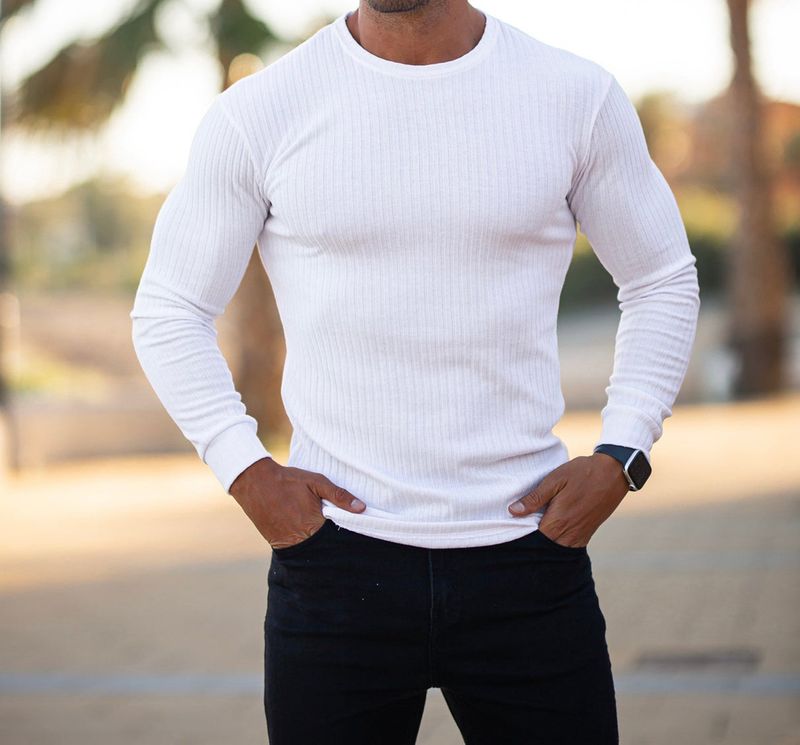 Ropa para hombre Camiseta deportiva de otoño para hombre, informal, con cuello alto, tiras verticales elásticas, cuello redondo, manga larga_voghion.com