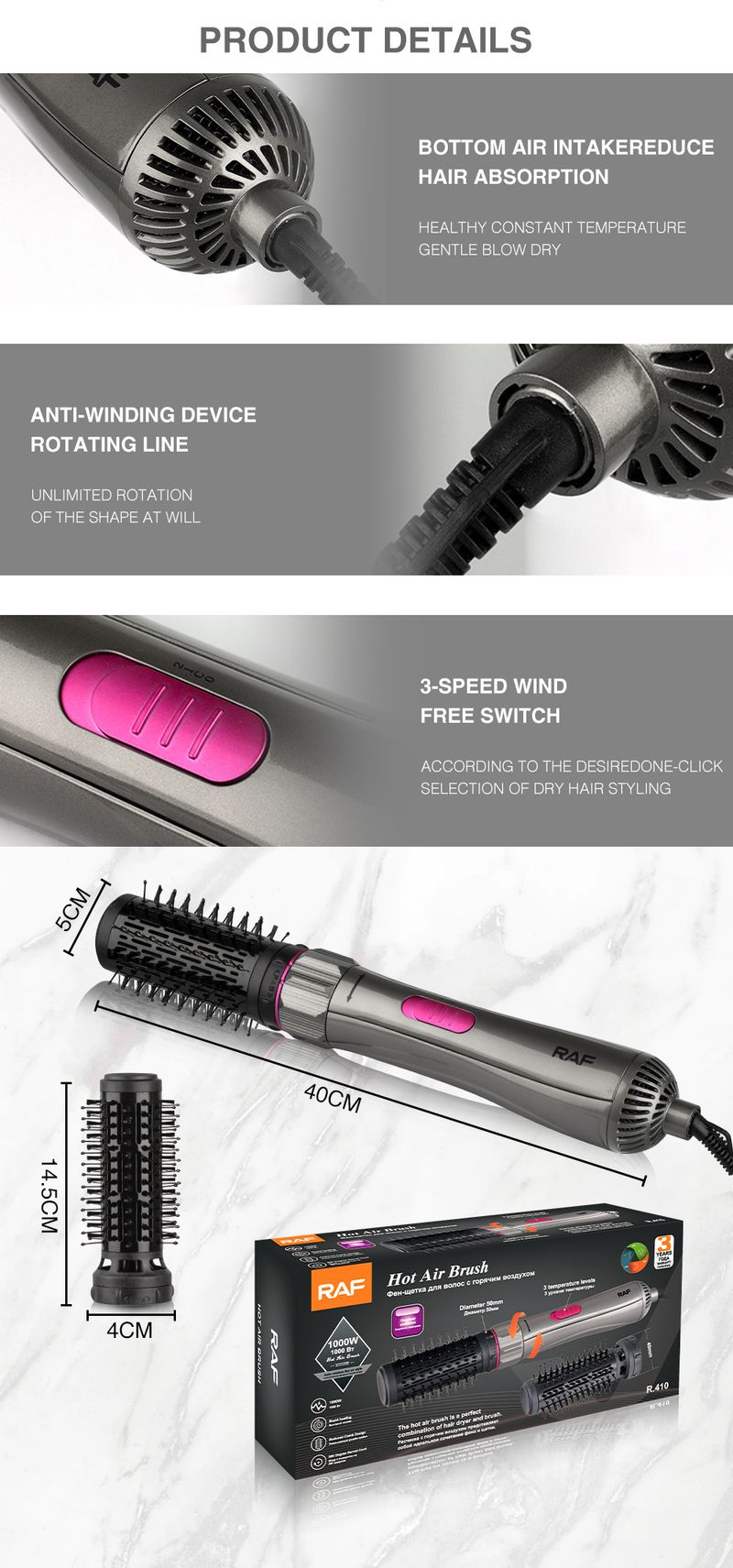 RAF Nuovo asciugacapelli elettrico multifunzionale, piastra per capelli, arricciacapelli, pettine ad aria calda 2 in 1_voghion.com