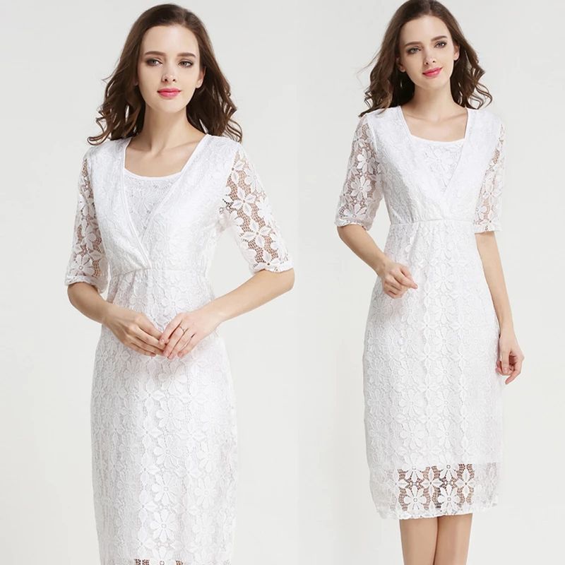 Lace breastfeeding summer mid sleeved V-neck temperament dress, solid color large hollow out maternity skirt version_voghion.com