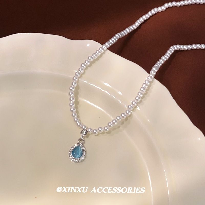 Französische blaue Tropfenperle 2024 Neues Stiltemperament, Persönlichkeit, Einfachheit, Nische, vielseitige High-End-Halskette_voghion.com