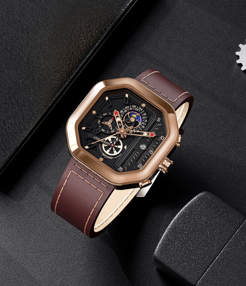 Stilvolle achteckige Quarzuhr für Herren mit Datumsfunktion, wasserdicht, Echtlederarmband, Mineralglas, sportliches Design_voghion.com