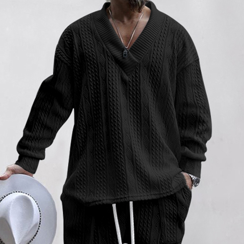 2023 Herbst Casual Strickpullover Herren Lose Langarm T-Shirt Herren V-Ausschnitt Pullover Jacquard Top_voghion.com