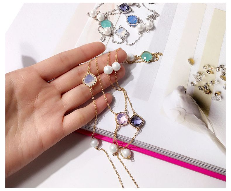 Collier long pour femme, bijou géométrique en forme de diamant coloré, perles et chaîne de pull, perles baroques irrégulières exquises_voghion.com