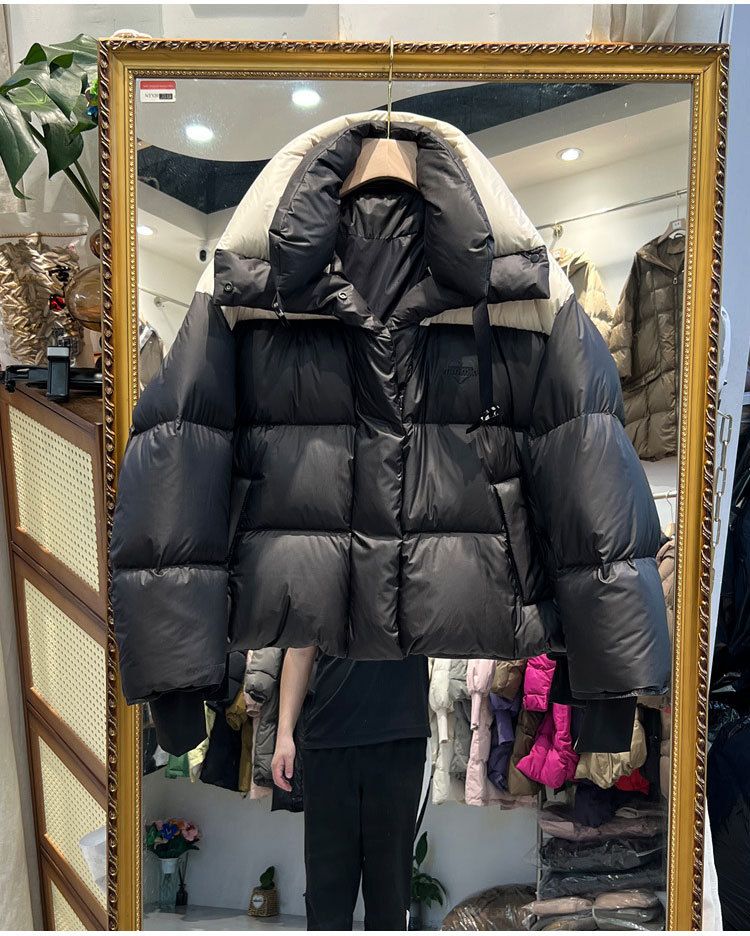 Women's Short Puffer Jacket With Color Block Design, Lightweight Hooded Winter Coat, Warm Duck Down Filling, Casual Streetwear For Petite_voghion.com