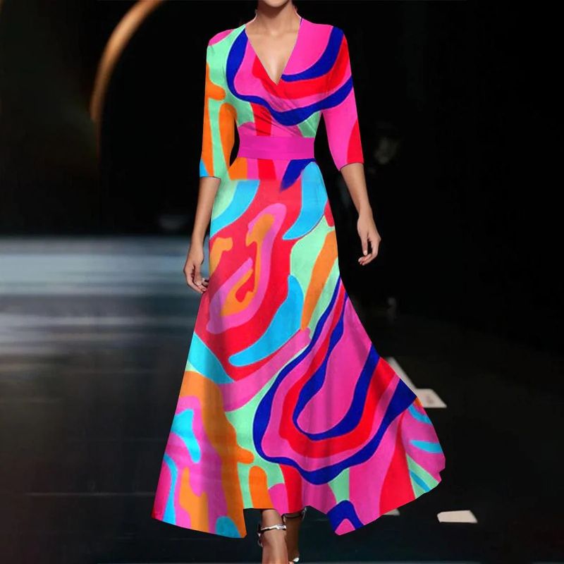 Damenbekleidung Temperament Dreiviertelärmel Langes Kleid_voghion.com