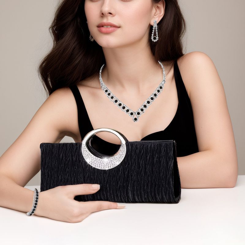 Women's Jewelry Set - Elegant Rhinestone Necklace, Earrings, Bracelet & Evening Clutch For Formal Occasions, Geometric Four Piece Party Necklace Set_voghion.com