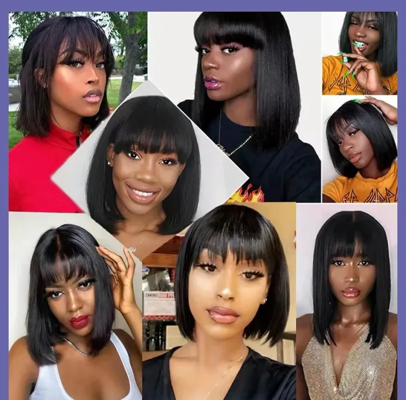Bob Wigs Full Machine Made Wig for Women Brazilian Short Straight Hair Bob Wigs Human Hair Wig With Bangs_voghion.com