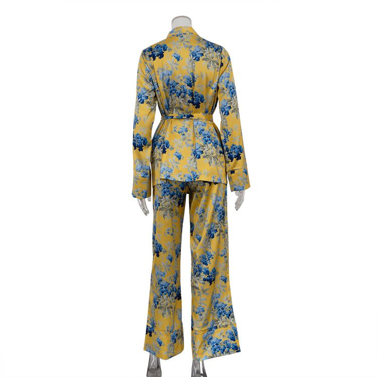 Abbigliamento da donna autunno e inverno, nuova moda, raso stampato, maniche lunghe, lacci, due pezzi, pantaloni a gamba larga, vita alta_voghion.com