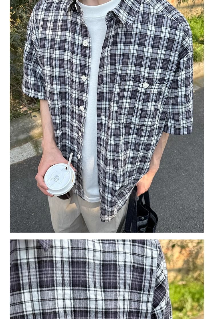 Herrenbekleidung: Schlichtes und einzigartiges kariertes Kurzarmhemd für Herren, Neuheit Sommer 2025, vielseitiges, locker sitzendes Freizeithemd im koreanischen Stil._voghion.com