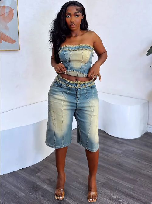 Women's Clothing Jeans Suit Fashion Raw Edge Wrap Top High Waist Denim Shorts_voghion.com