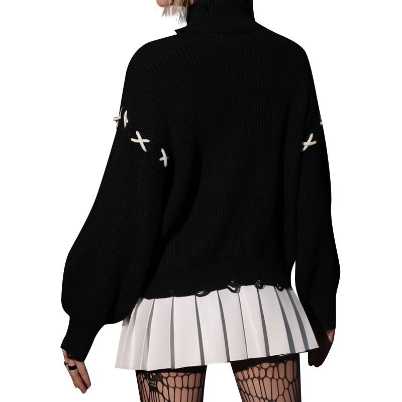 Halloween Fledermaus bestickter Rollkragenpullover, lockerer Retro-Kontrast-gestreifter Strickpullover für Damen_voghion.com