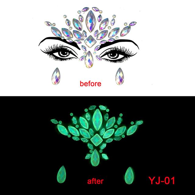 Nouvel autocollant pour le visage EDM, autocollant pour le visage fantôme d'Halloween en diamant, autocollant pour les sourcils en cristal lumineux en diamant, autocollant pour le visage lumineux en diamant_voghion.com