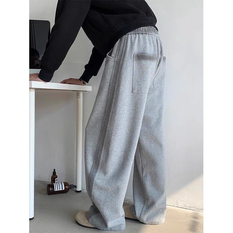 American Style Scimitar Sweatpants Men's Autumn Winter Cleanfit Light Gray Sports Wide Leg Straight Casual Pants_voghion.com