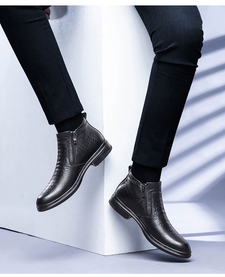 Men's Embossed Crocodile Chelsea Boots Pointed Middle Top Short Boots Wind Martin Boots Men's_voghion.com