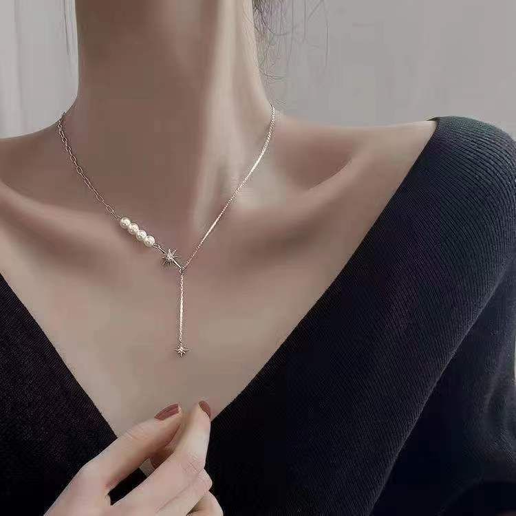 Gentle Starry Sky Bow Necklace For Women, High-End Design Sense, Niche Pearl Collarbone Chain, Exquisite Simple Neck_voghion.com