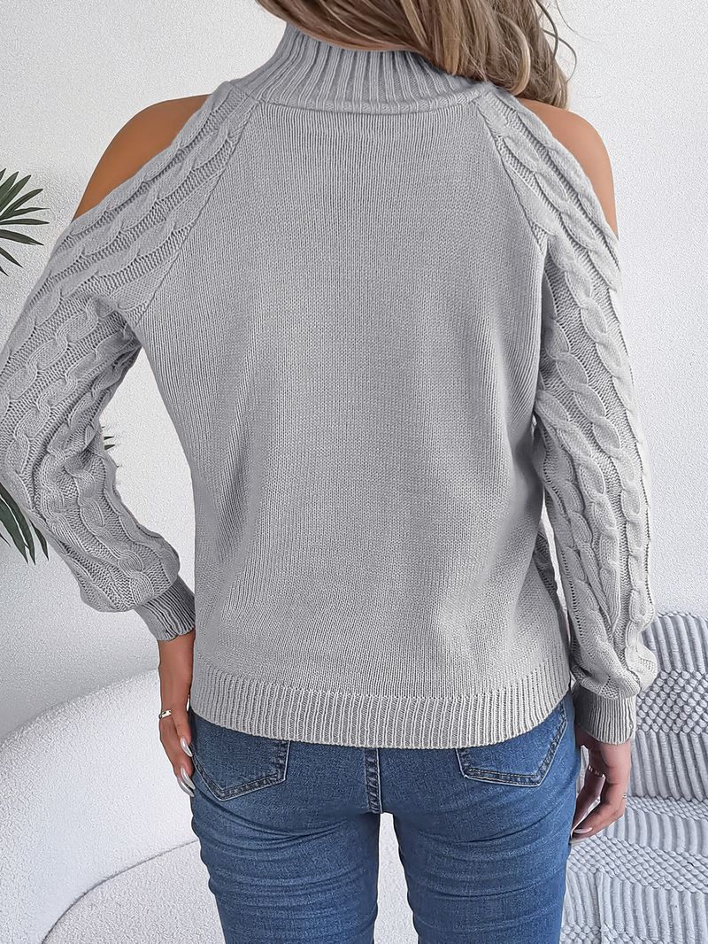 Maglione da donna a maniche lunghe con collo alto, spalle scoperte e lavorazione a maglia grossa - Pullover casual a trecce per autunno e inverno, in bianco/rosa/bordeaux/grigio/arancione_voghion.com