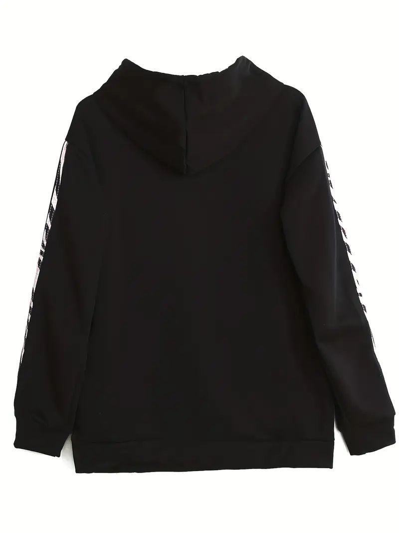 Conjunto de moletom com capuz feminino solto – Conjunto de moletom casual com estampa de letras (preto/branco, P-XXL, outono/inverno)_voghion.com