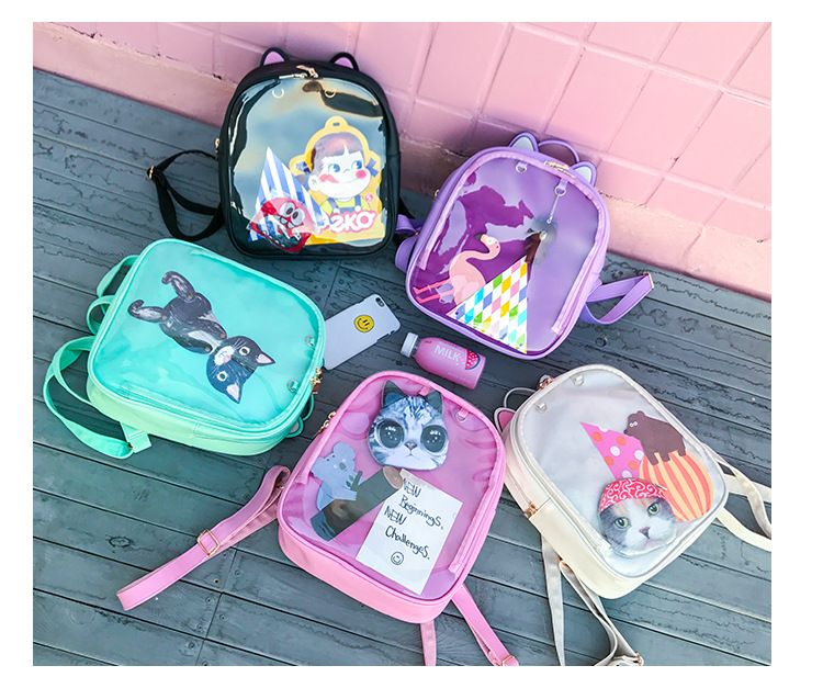 Zaini in pelle con orecchie di gatto adorabili Borsa trasparente color caramello Borse a tracolla da donna Zaino da viaggio per ragazze adolescenti_voghion.com