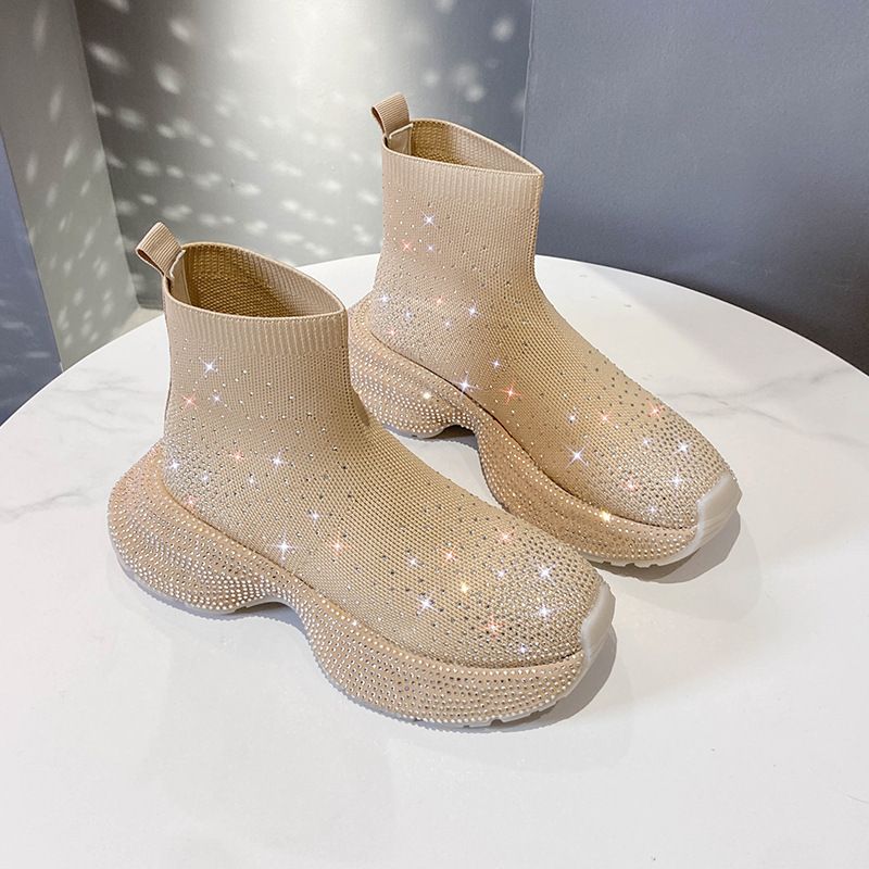 Gestrickte Sockenstiefel für Damen mit Strasssteinen, Slip-On-Sneakers mit dicker Sohle, atmungsaktive, elastische High-Top-Booties für Sommer, Frühling und Herbst_voghion.com