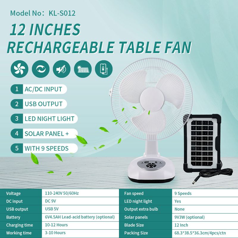 Vroče prodajan 12-palčni večfunkcijski ventilator s 6V4.5A svinčeno-kislinsko baterijo in priključkom za sončno polnjenje_voghion.com