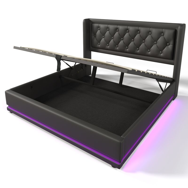Lit double 160 x 200 cm, matelas en polyuréthane noir, lit coffre hydraulique avec chargement USB Type-C et éclairage LED sur 3 côtés, tête de lit rembourrée (matelas inclus)._voghion.com